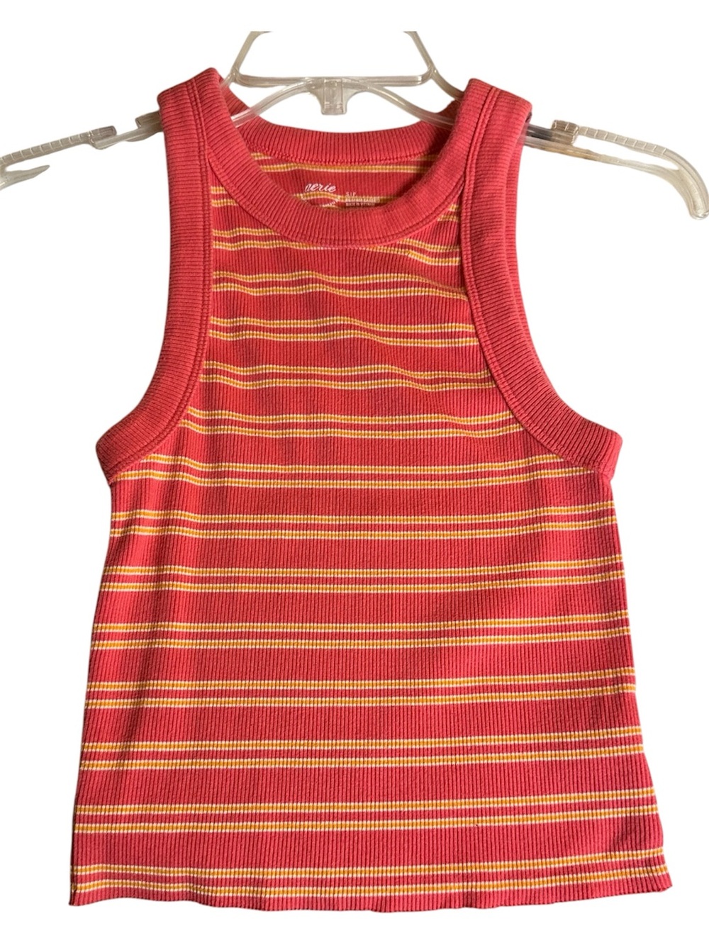 aerie Ribbed Striped Tank Top Coral Yellow White Sleeveless Stretch Crop Small